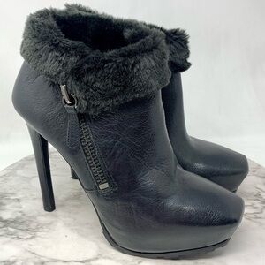 Y2K Guess Ivorie Square Toe Platform Black Leather Boots Faux Fur Trim 8 Glam